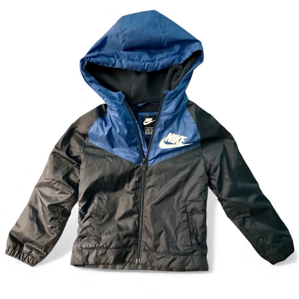 Nike Fleece Lined Windbreaker Hooded Jacket Blue Color Block Boys Large 7 EUC